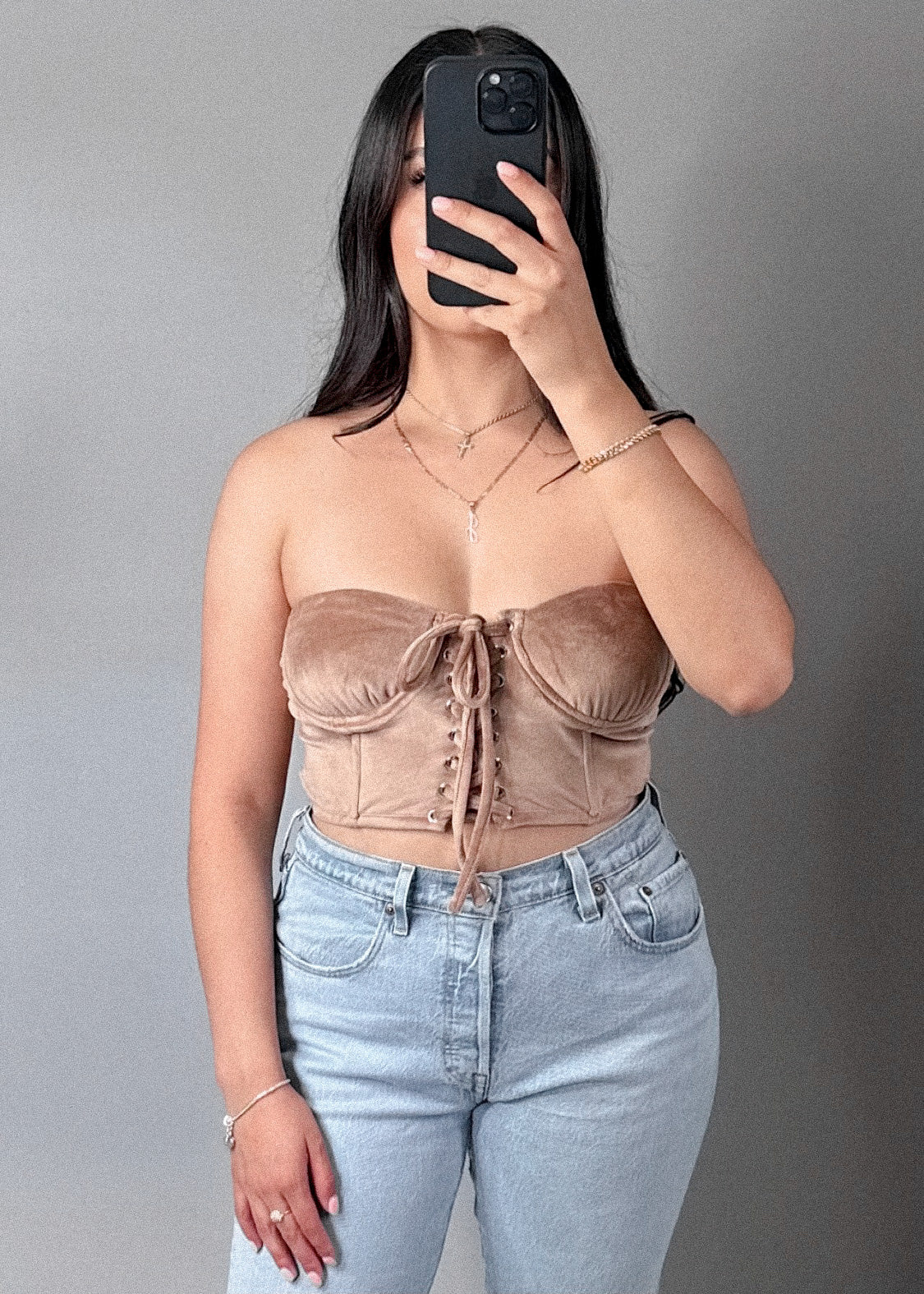 Suede front tie tube top